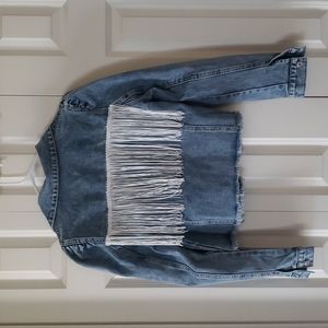 Cropped Medium Wash Jean Jacket with Fringe Detail